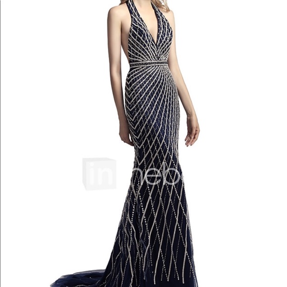 Navy Sequin Halter Mermaid Evening Gown - Picture 1 of 6
